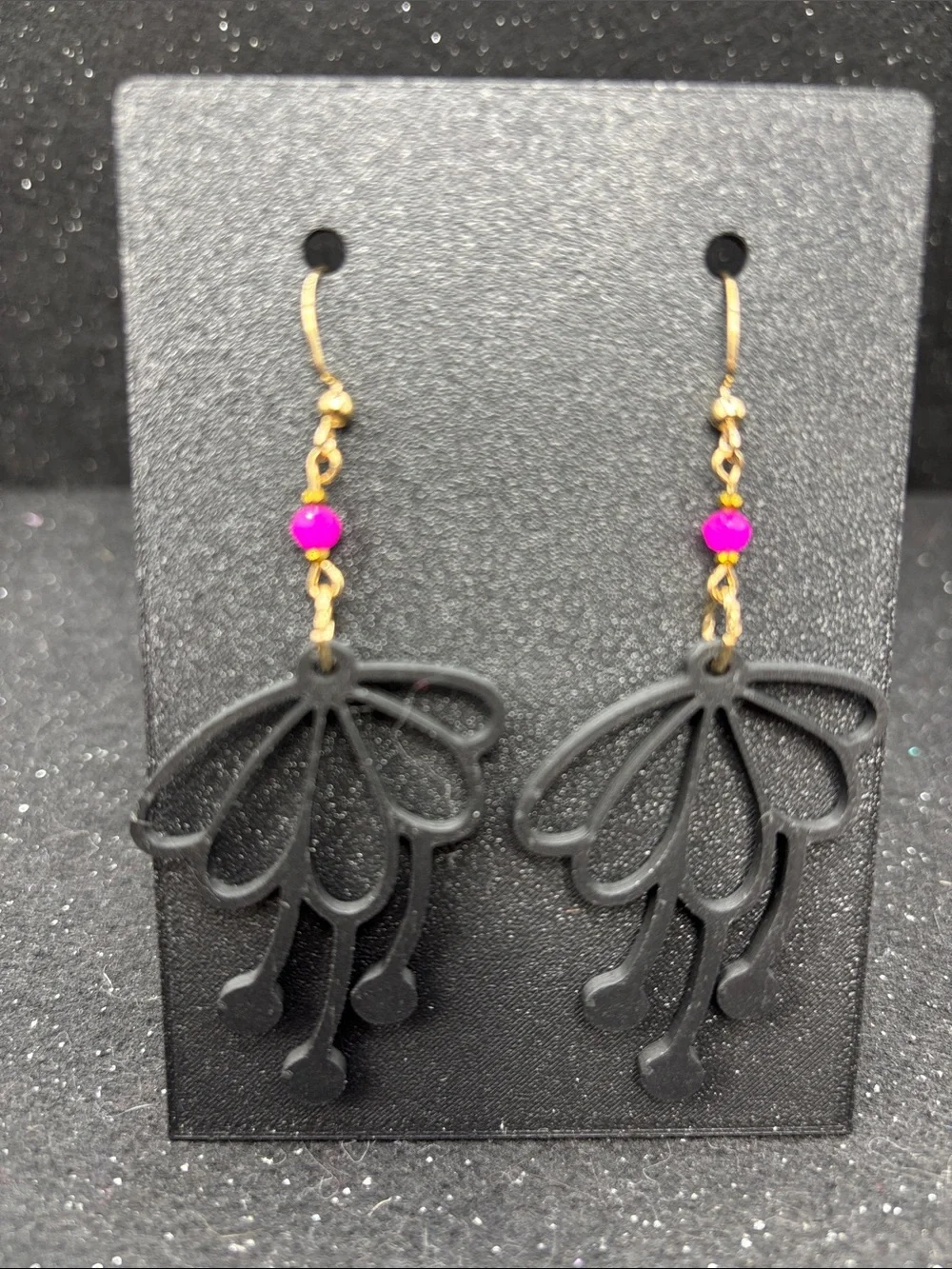 Black Floral Bloom Dangle Earrings with Pink Crystal Beads